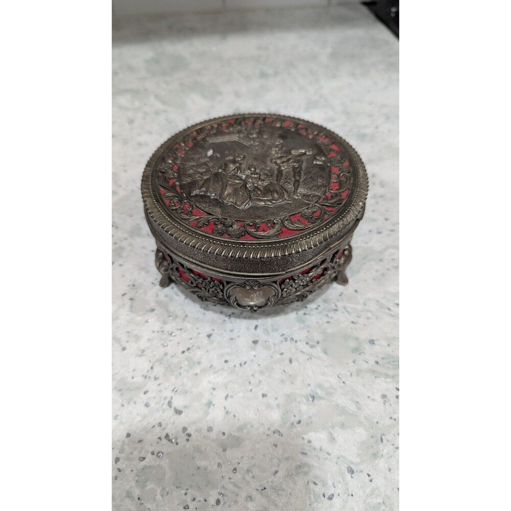 Vintage Japan Metal Jewelry Casket Ornate Footed Trinket Box Red Velvet